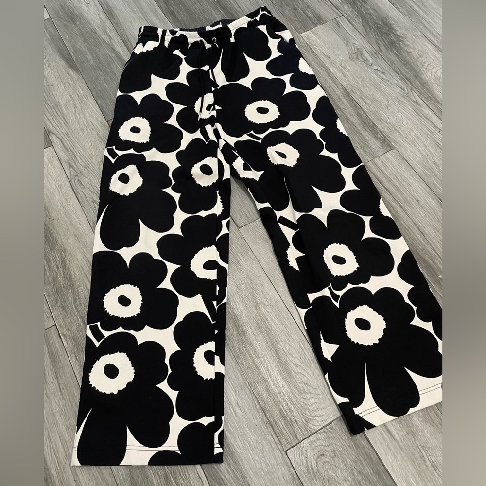 Marimekko Anthropologie varret Pieni unikko 2 French terry Wide Leg sweatpants L - Picture 4 of 10